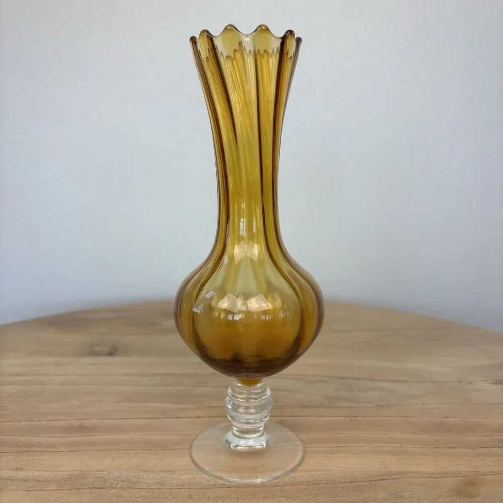 Vintage Art Glass Bud Vase Yellow Amber Clear Stem Hand Blown Scalloped Edge - Picture 3 of 9
